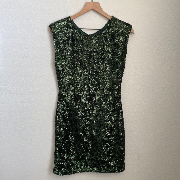 Alice & Olivia Sequin Emerald Green Mini Dress Back Keyhole Large - Picture 3 of 10